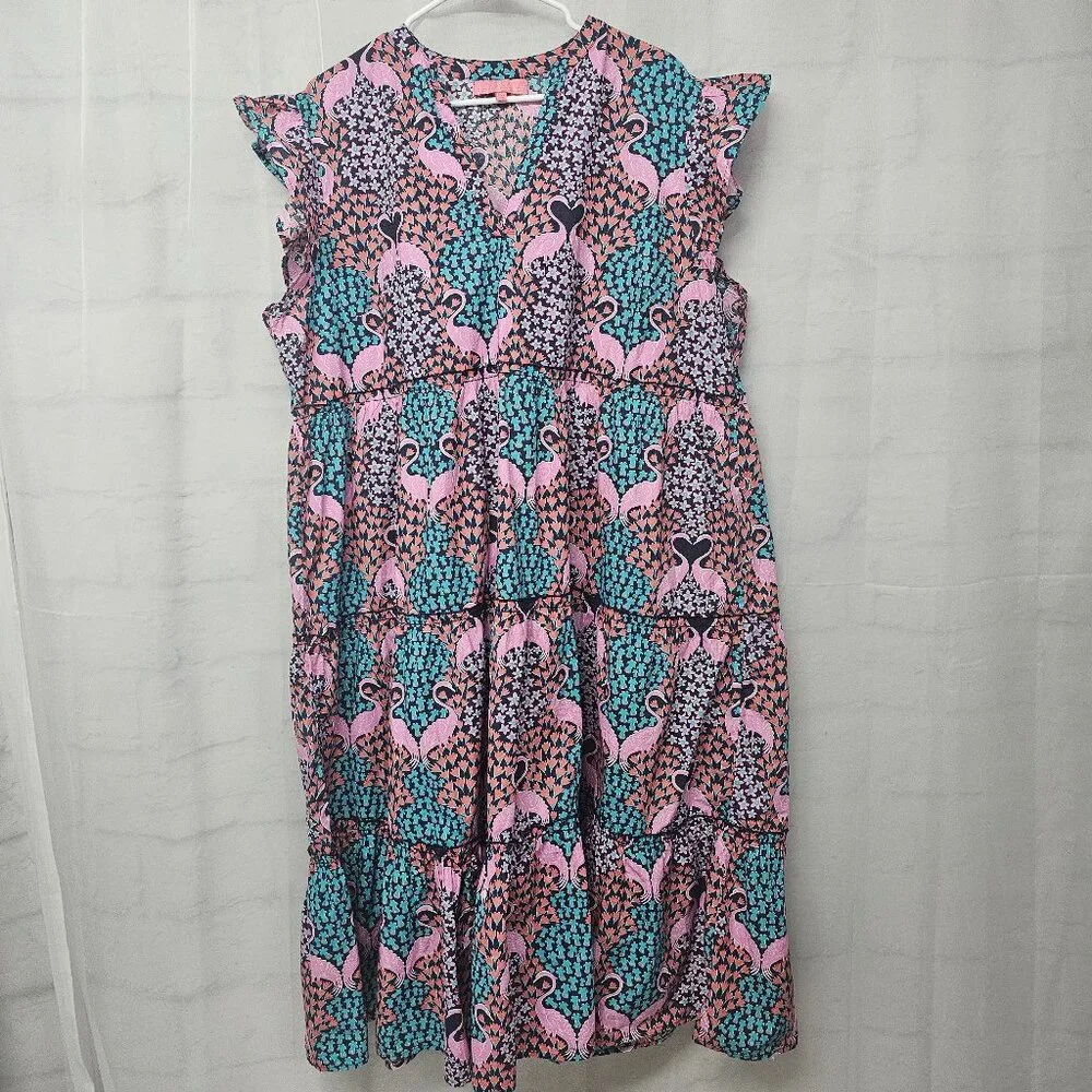 Simply Southern Dress Pink Blue Flamingo Tiered Midi Boho Ruffle 2XL FLAW - Picture 2 of 10